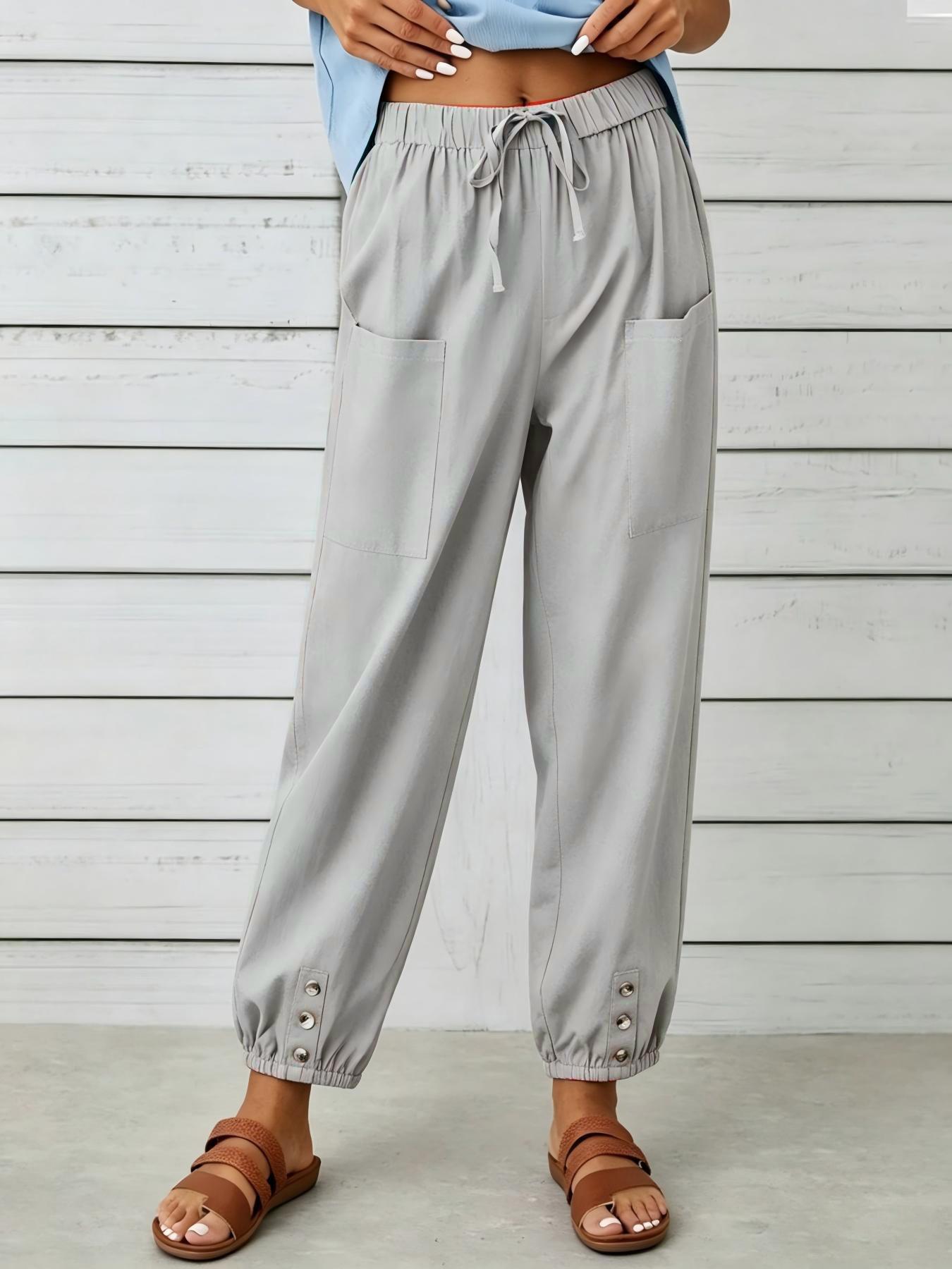 Women S Casual Drawstring Cuffed Pants With Pockets And Buttons S