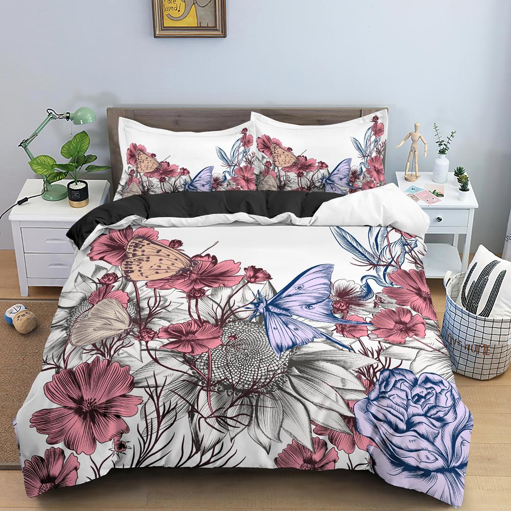 Butterfly Duvet Cover King Queen Size Animal Floral Bedding Set For Teens Adults Beautiful Flower 2/3pcs Polyester Quilt Cover