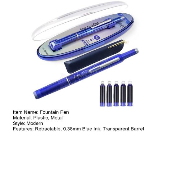 Fountain Pen Retractable 0.38mm Blue Ink Transparent Barrel Fine Nib Fountain Pen