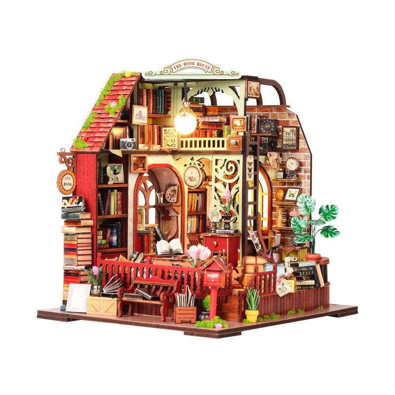 

NEW DIY Wooden The Book House Cottage Figurines Miniatures Kits With LED Lights Home Desk Decoration For Adult Handmade Gifts