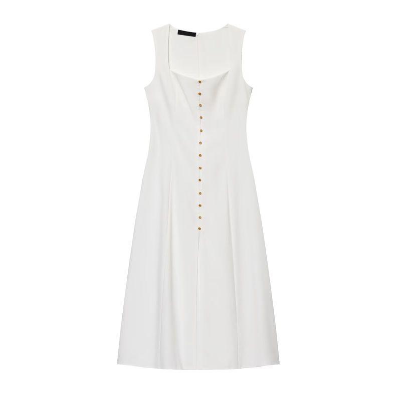 Summer Women Clothes Holiday Style Decorated Row Button Square Collar Linen Blend Midi Dress 6962030 6962029