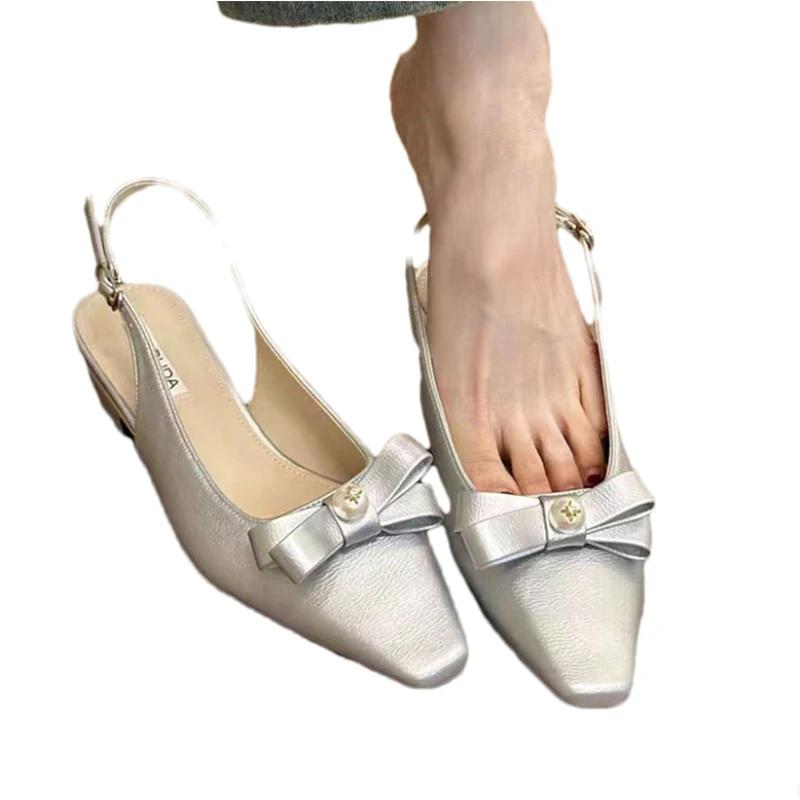 Bow Women's Sandals Pointed Toe Shallow Elegant Heels Shoes 2025 Slippers Summer Fashion New Flip Flops Dress Sandalias De Mujer