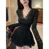 2025 Yujie Schwarzes Spitzen-Schlankheits-Hüftbetonendes Kurzes Kleid für Damen - Frühherbstkollektion
