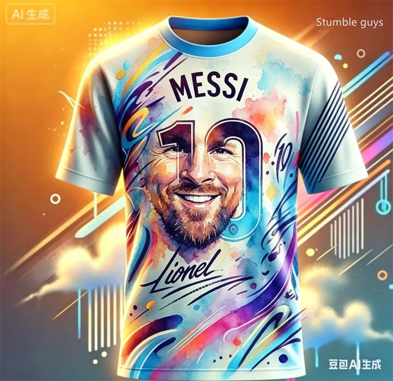 Camiseta Masculina de Verão Infantil Meninos Messi Futebol Manga Curta Casual Esportiva Streetwear Tops Lazer e Exterior