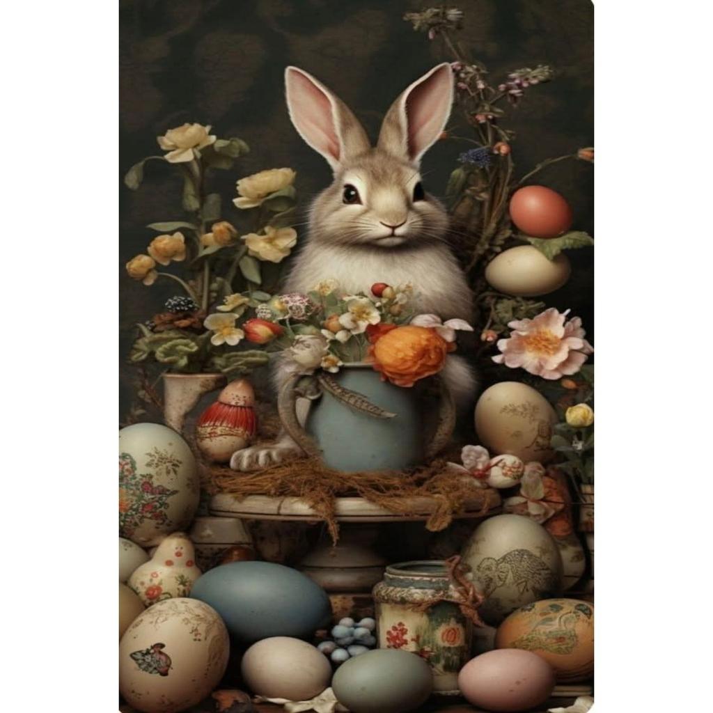Retro Metal Wall Sign, Easter Bunny with Eggs, Vintage Tin Plate Home Decor