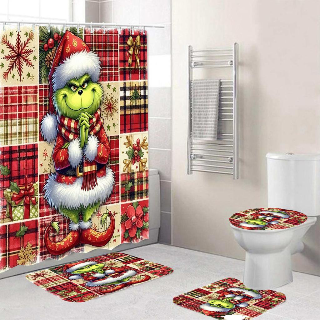 Temu Bathroom Three-Piece Set, Green-Haired Grinch Pattern Bathroom Non-Slip Mat, U-Pad And Shower Curtain Set