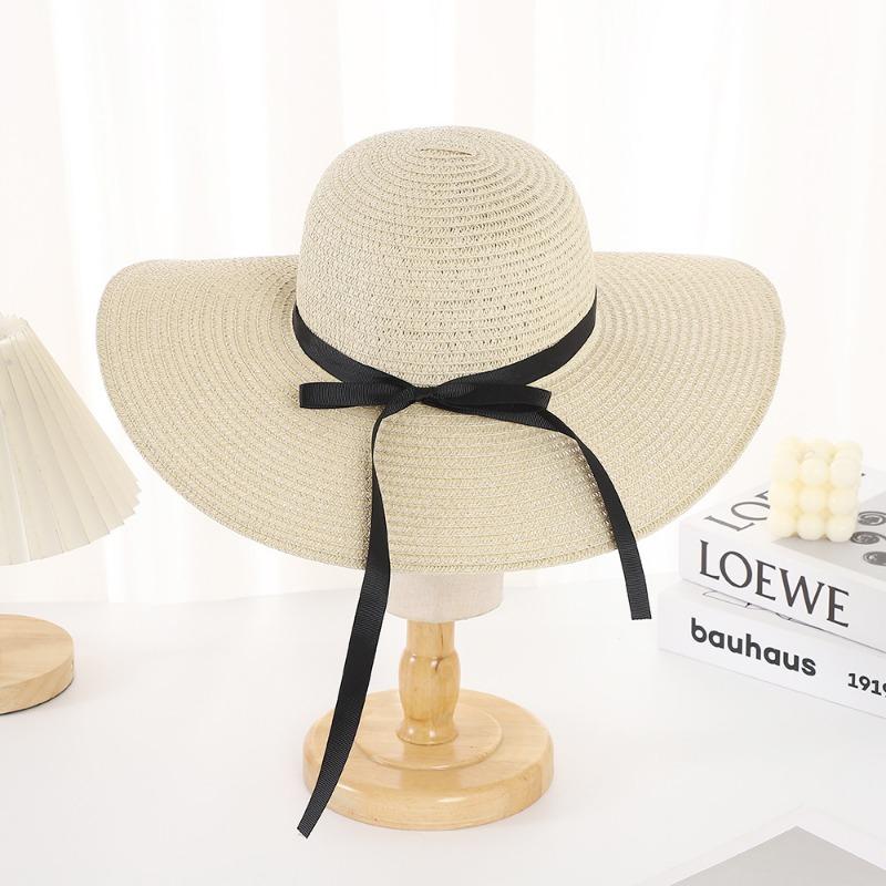Summer Female Bow Streamer Sun Hat Seaside Beach Vacation Sun Hat Foldable Big Brim Sun Hat Straw Hat