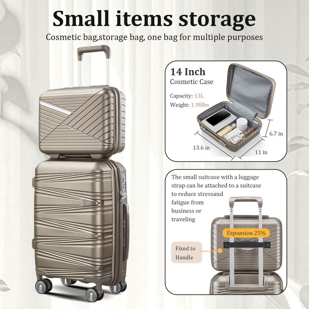 4-Piece Hardshell Luggage Set PP, Suitcase (20/24/28 Inch), 14" Cosmetic Case, Removable Wheels, Space-Saving, Lightweight & Robust Combination Lock
