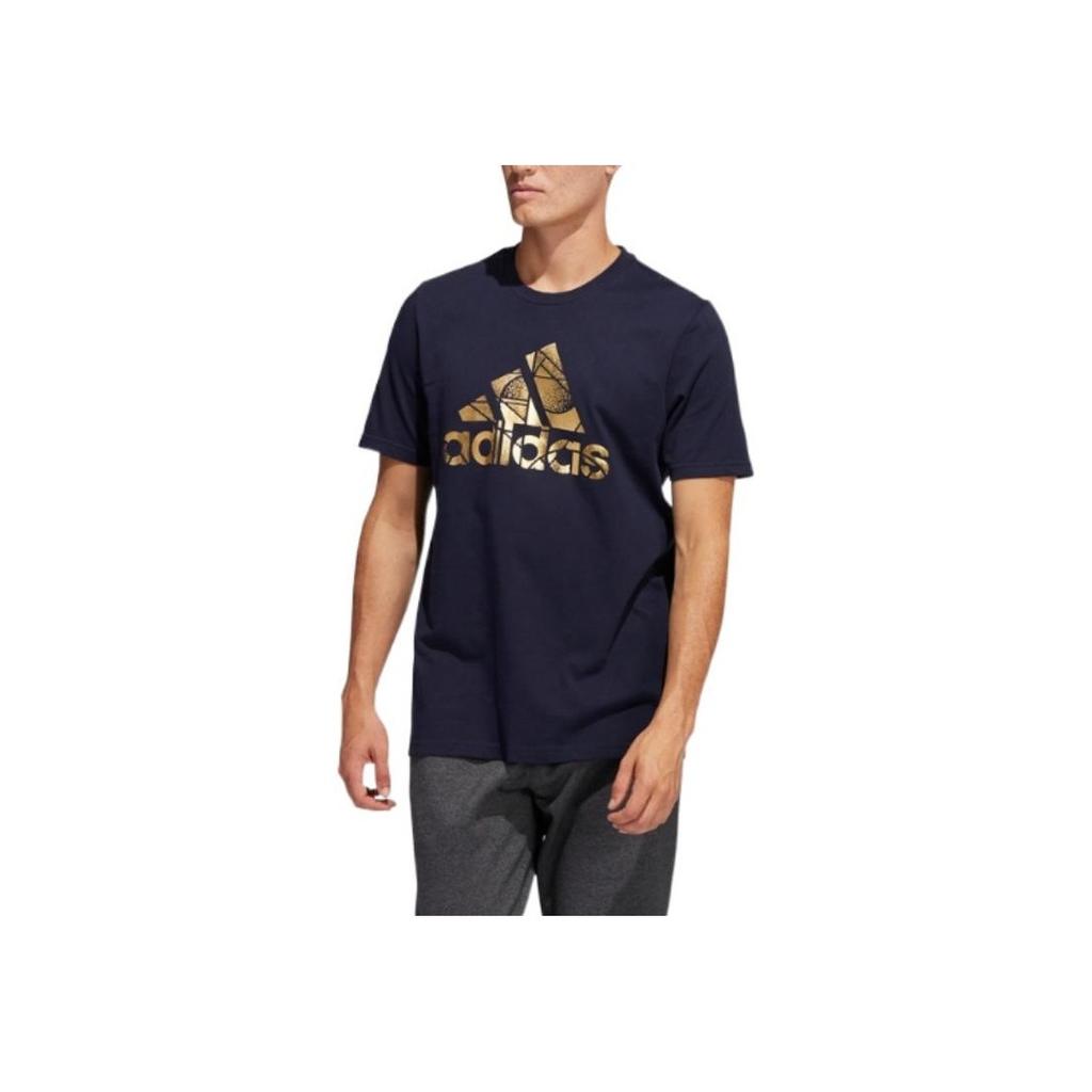 Adidas Gold Logo Printed Round Neck Sports Short Sleeve T-Shirt Men T-Shirt Dark-Blue HE4790