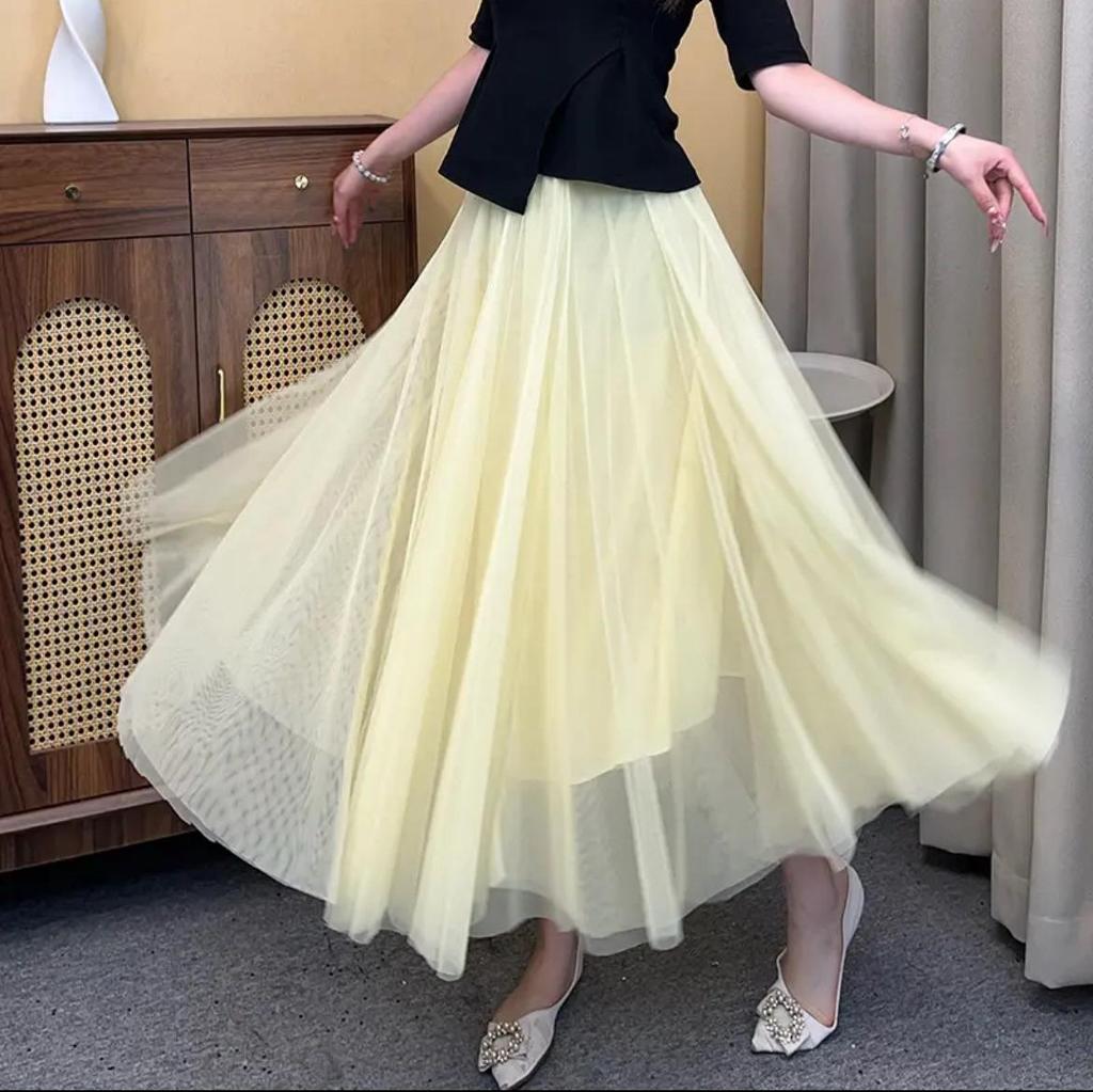 Damen Lila Mesh Midi Rock mit hoher Taille - 720° Schwung A-Linien Tüllrock für Square Dance und Fotoshootings