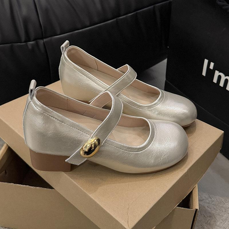 French inner height increase thick heel shallow mouth single shoes women's 2025 new summer and autumn Mary Jane small leather shoes ballet evenin