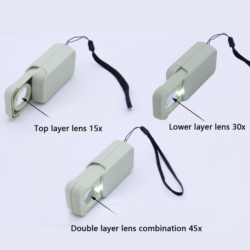 Portable LED Illuminating Magnifier 15X 30X 45X Magnifying Glass for High Precisions Work with Retractable Design Portable