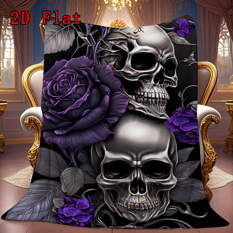 Purple skull and roses 2D Flat Pattern Flannel Blanket High quality All Seasons Warmth and Comfort Perfect for Christmas Gifts.SMT0917587
