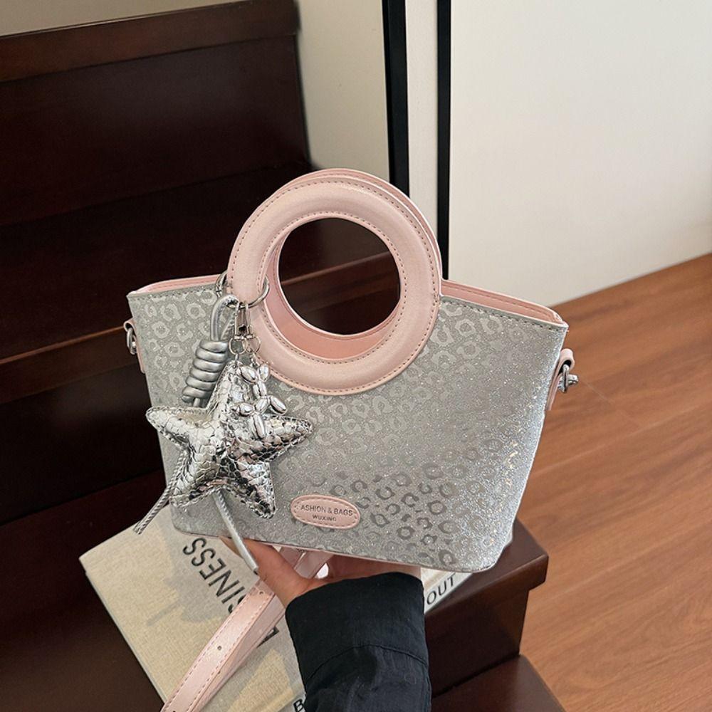 PU Sweet Star Silver Bag Tote Bag Shining Banquet Handbag Cute Small Basket Bag  Women