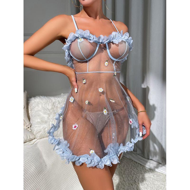 

Мода Ретро Лето Новинка Прозрачная Вышивка Сексуальная Пижама Повседневное Платье на Бретелях Ночная Сорочка Сексуальный Топ для Женщин Light Blue XL