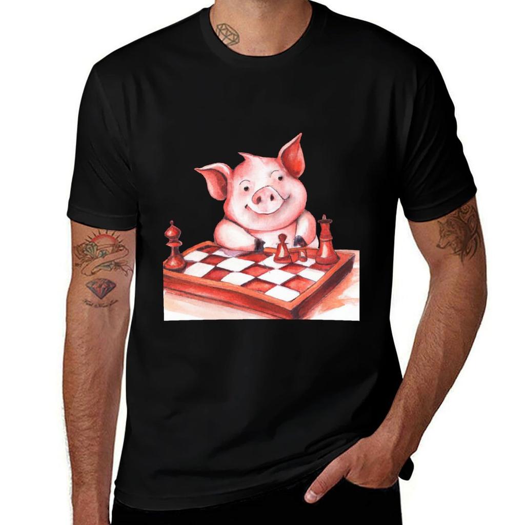 Pig Playing Chessai Generated Art Tshirt Gym Wear Breathable Short Sleeve Tee