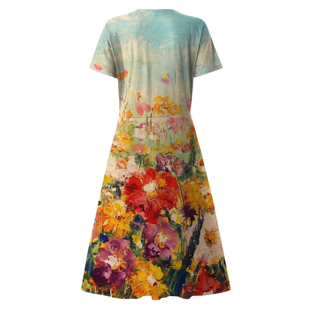 Women's Summer Casual Fashion Floral Print Short Sleeve V-Neck Swing Dress