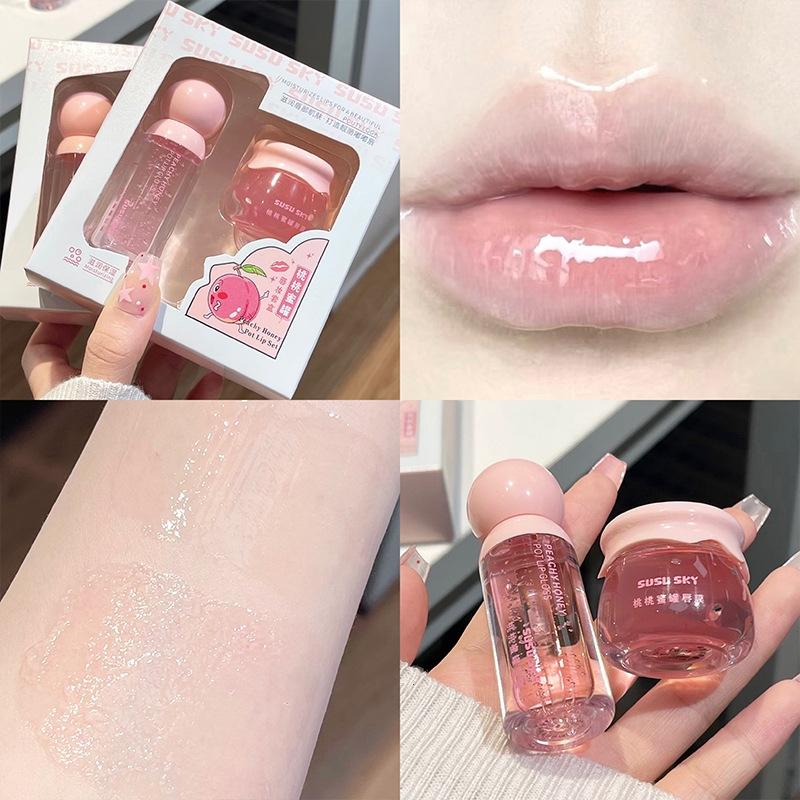 Peach Lightweight Lips Set Clear Glass Moisturizing Lip Balm Transparent Lip Oil Hydrating Jelly Day & Night Lip Mask Set