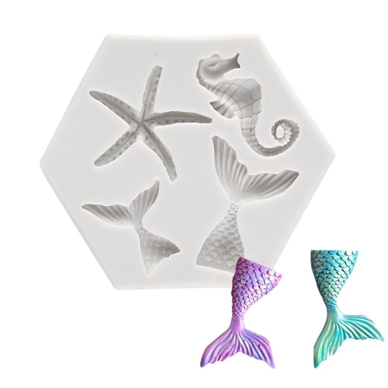 Mermaid Theme Silicone Mold Mermaid Tail Starfish Chocolate Fondant Cake Molds Kids Under The Sea Birthday Party Cake Decoration