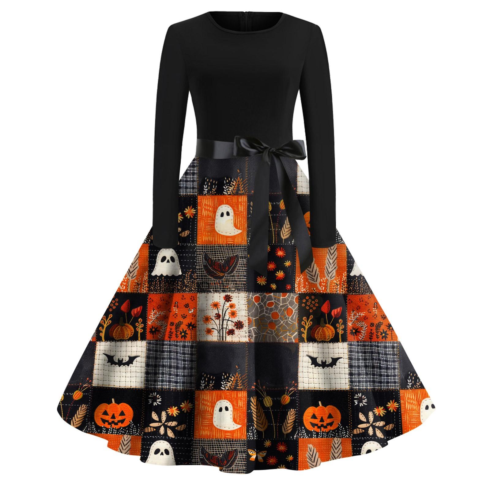

Женское платье с круглым вырезом и длинными рукавами с принтом на Хэллоуин и большим свободным облегающим платьем XXXL