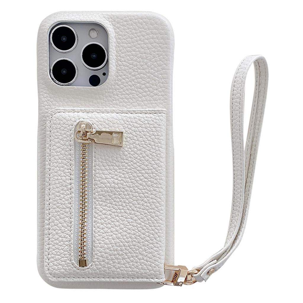 For iPhone 14 Pro Max Case Card Slots Kickstand PU Leather Back Cover with Zipper Pocket, Wrist Strap