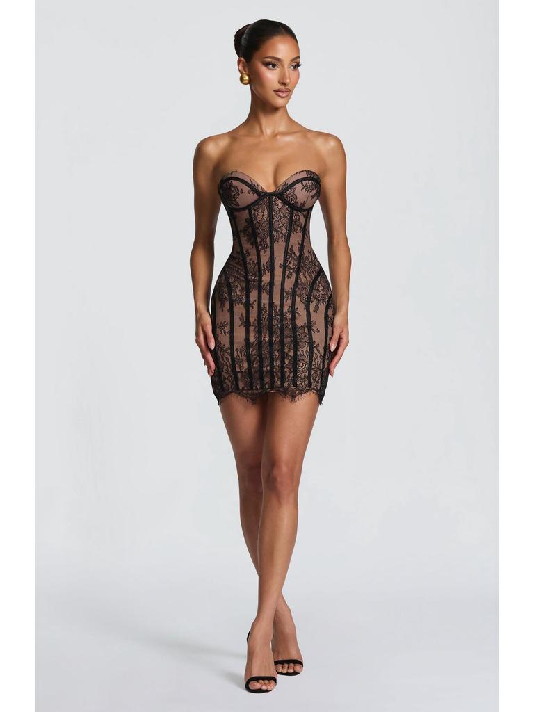 2026 Spring/Summer Women's Lace Bandeau Striped High-Waisted Slimming Dress