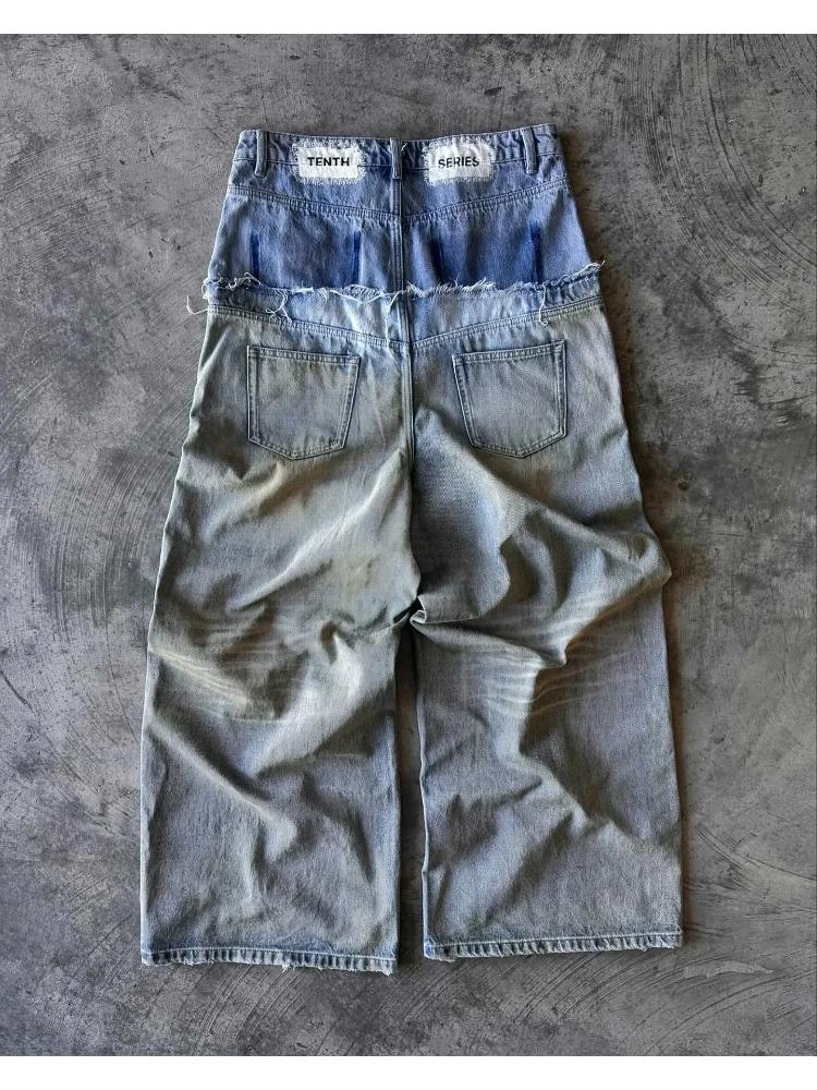 Pánské džíny s potiskem hip hopu, stylové, s potiskem písmen, Y2k, goth, punk, Harajuku, roztrhané, s širokými nohavicemi, retro, volné, rovné, s dvojitým pasem