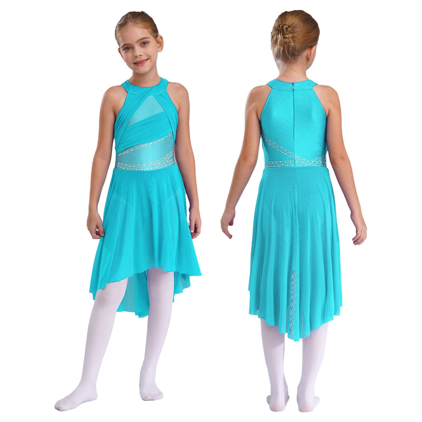 YONGHS Meisjes mouwloos glanzend lyrisch ballet turnpakje met strass steentjes, eigentijds modern Latijns danskostuum 7-8 Years lichtblauwe kleur