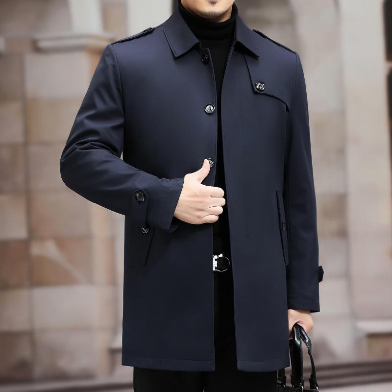 Men's Mid-Length Thickened Lapel Windbreaker with Removable White Duck Down Liner.