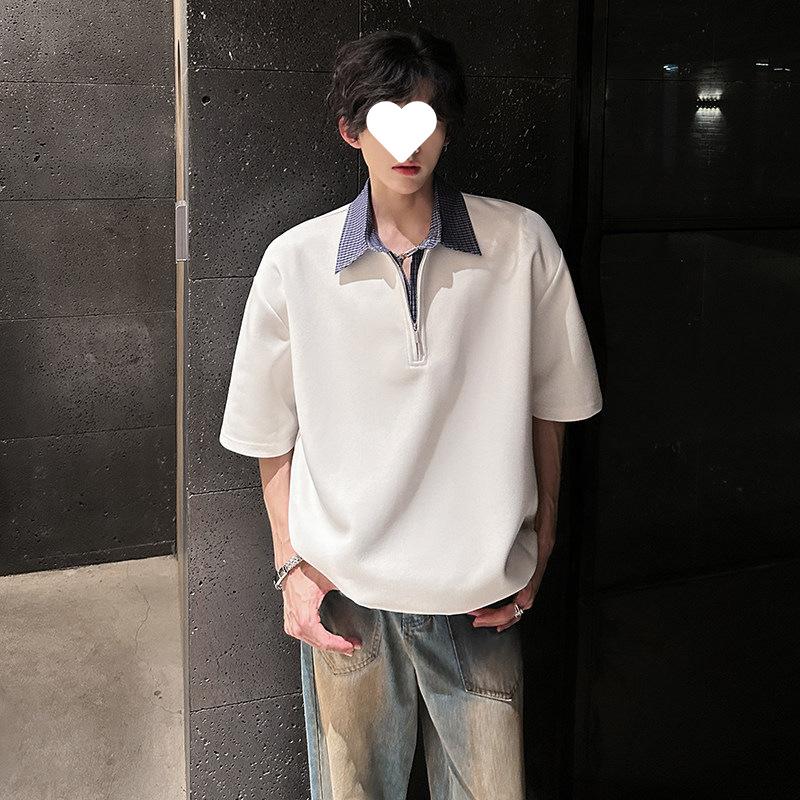 Men Fake Plaid Collar Half Zip Short Sleeve Loose Casual Polo Top M белый