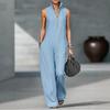 Europäischer & Amerikanischer Damen-Ärmelloser Jumpsuit mit Stehkragen aus Baumwolle und Leinen