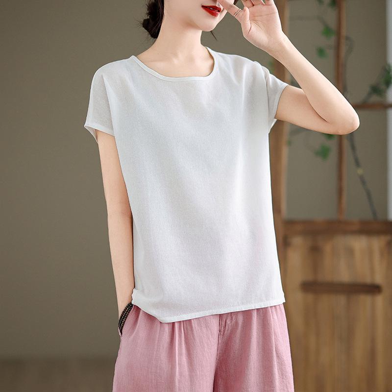 Linen Round Neck Short Sleeve Women s Summer T-Shirt L белый