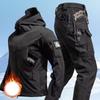Tactical Waterproof Men Camo Set Soft Shell Fleece Winter Combat Suit Windbreak Warm Multi Pocket Outdoors Training Uniform