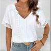Summer New V-neck Lace Short Sleeve Casual White Shirts Women Elegant Hollow Out Vintage Loose Blouses Women Sweet Slim Fit Female Shirt Tops 26641