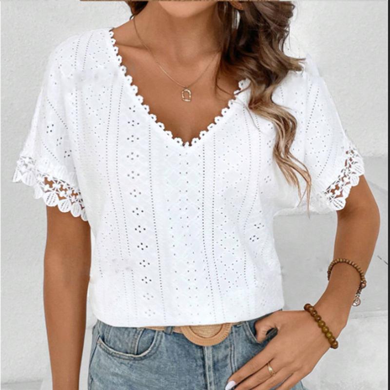 Summer New V-neck Lace Short Sleeve Casual White Shirts Women Elegant Hollow Out Vintage Loose Blouses Women Sweet Slim Fit Female Shirt Tops 26641