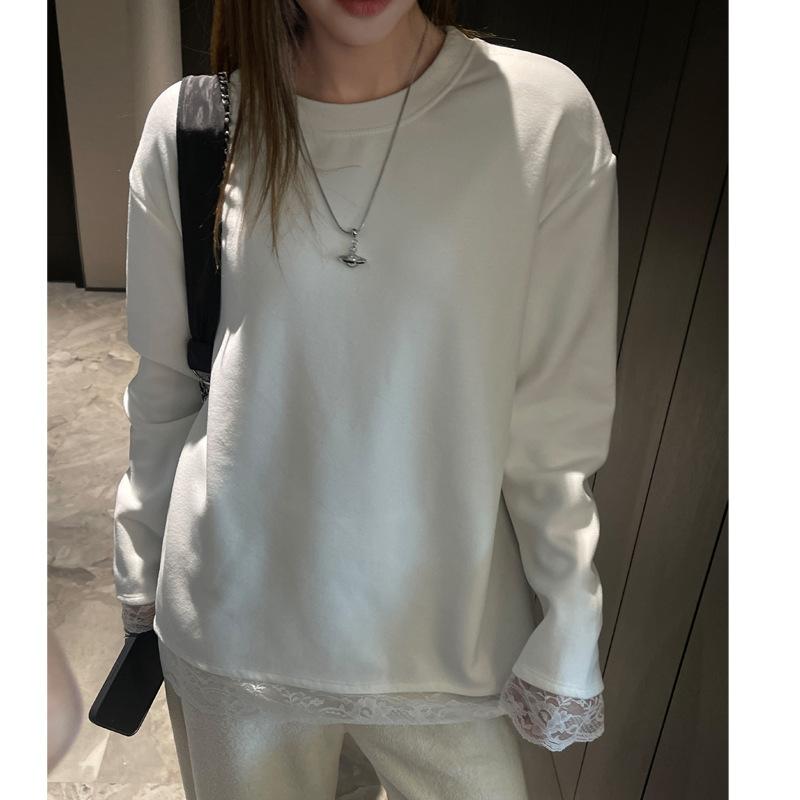 Lace Splicing Long-sleeved T-shirt Women's German Velvet Thickened Casual Inner Top Loose Bottoming Shirt