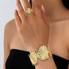 Ocean Style Scallop Texture Wide Band Bracelet & Ring Set - Fashionable Adjustable Design