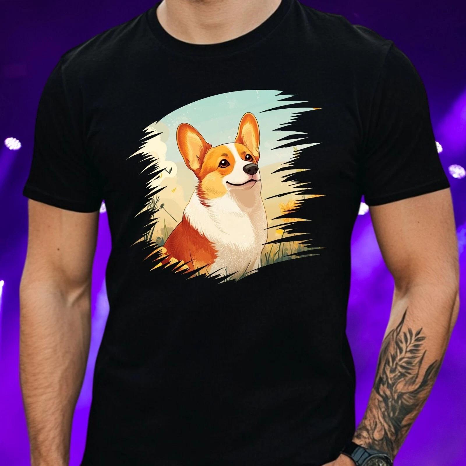 T-Shirt Herren Corgi Hund mit Blumen Motiv Baumwolle Größe S bis 5XL XXXL