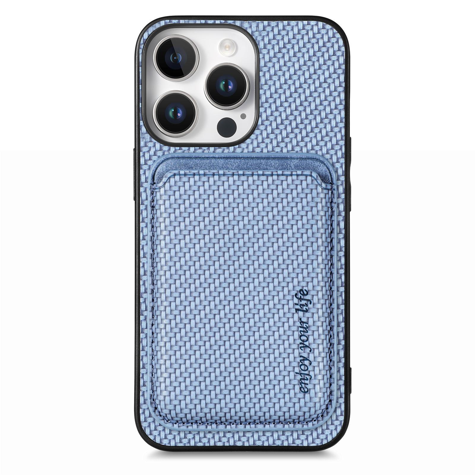 

For iPhone 16 Pro Case Carbon Fiber Leather Back Cover with Detachable Card Bag Blue