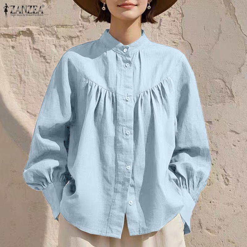 ZANZEA Women Casual Round Neck Solid Color Long Sleeve Blouse
