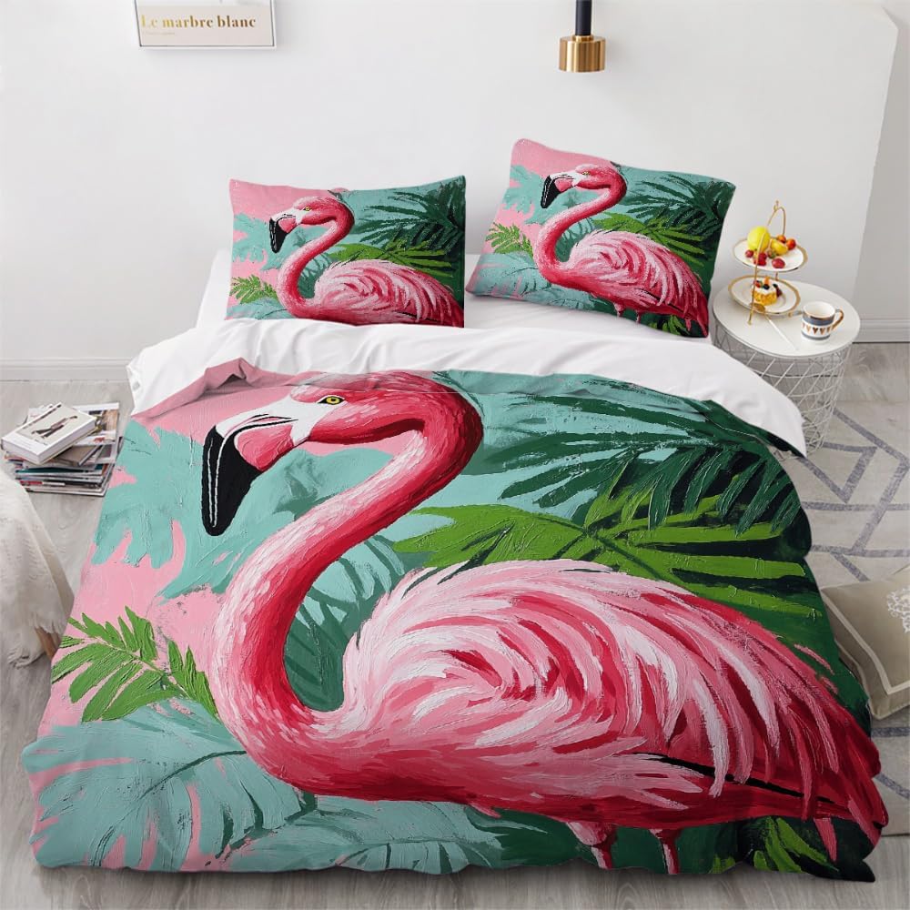 Flamingo Deko Bedding set, Flamingo Duvet Cover set 2pcs with 1 Pillowcase 75x50cm, Soft Microfiber Winter Bedding with Zipper