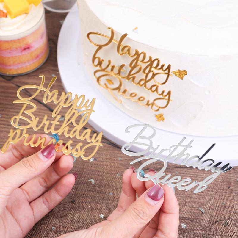Gold Silber Acryl Kuchenaufsätze Dekorationen Happy Birthday Königin Prinzessin für Mädchen Geburtstagsparty Dessert Buchstaben Dekoration