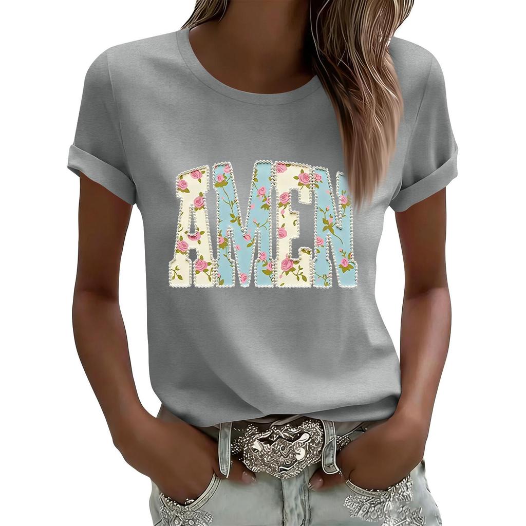Women's Casual Printed T-Shirt Round Neck Pullover Short Sleeve Top