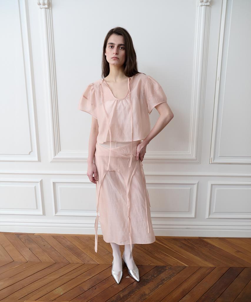 THEPORTA Sheer Puff Ribbon Blouse, Petal Pink