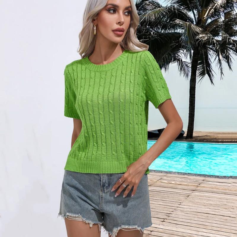Women Solid Knitted Short Sleeve T-shirt O Neck Short Sleeve Casual Slim Green Female Pullover Fall Tees Tops Autumn T Shirt New