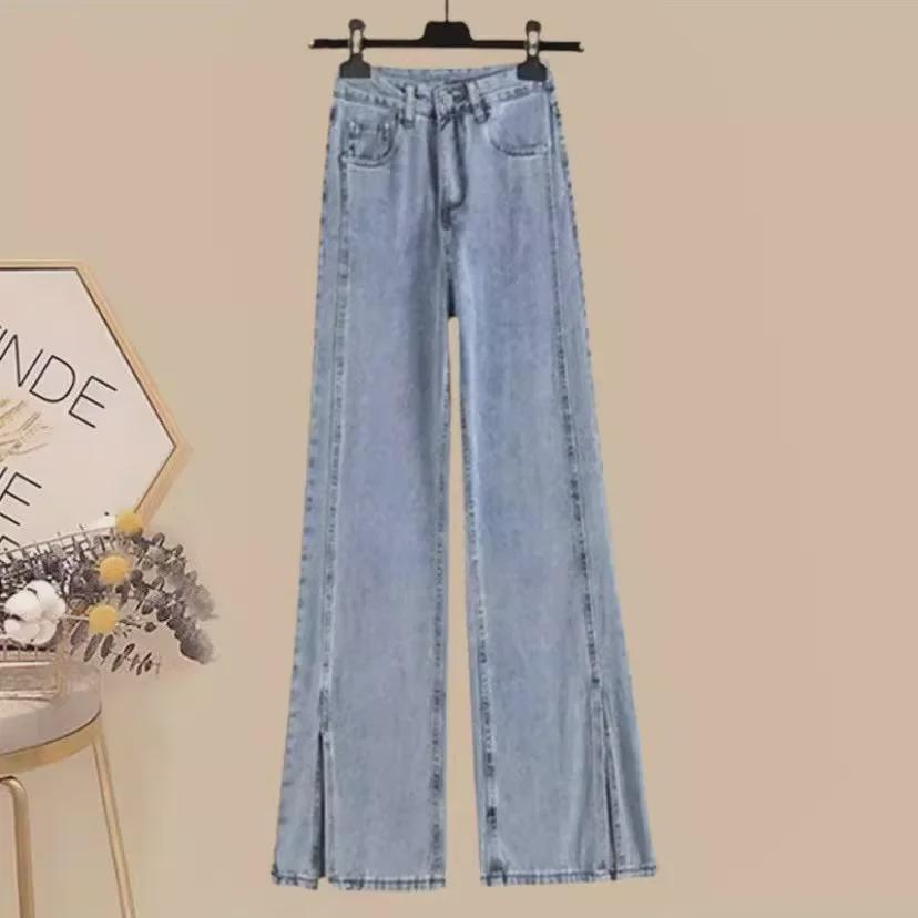 2023 Costum de primăvară pentru femei de mărimi plus: Set de slăbit din două piese cu cămașă și blugi despicați