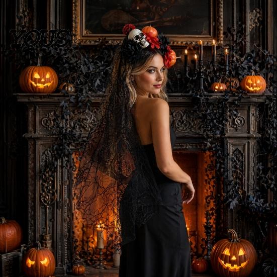 Halloween Party Hair Accessory Pumpkin Skull Floral Headband, Stable Hoop with 3D Artificial Costume Headband Flowers And Spiderweb Black Gauze Gothic