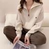 Autumn and Winter Embroidery Pattern Half Zipper Lapel Pullover Sweater Women's Loose Versatile Knitted Sweater Top Women