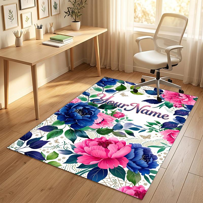 Floral Artwork Theme Soft Crystal Velvet Rug Custom Name & Text Print Non Slip Floor Rug for Bedroom Living Room