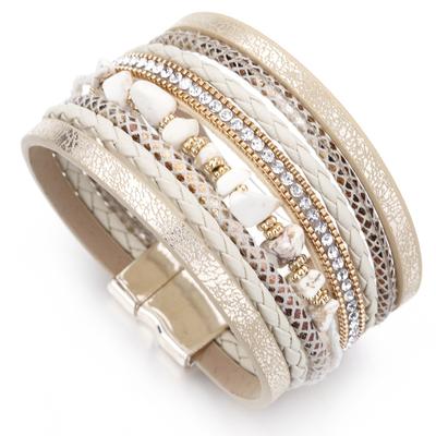 Stone Leather Bracelet for Women Retro Multilayer Crystal Snake Skin Wide Bangles Jewelry Gifts